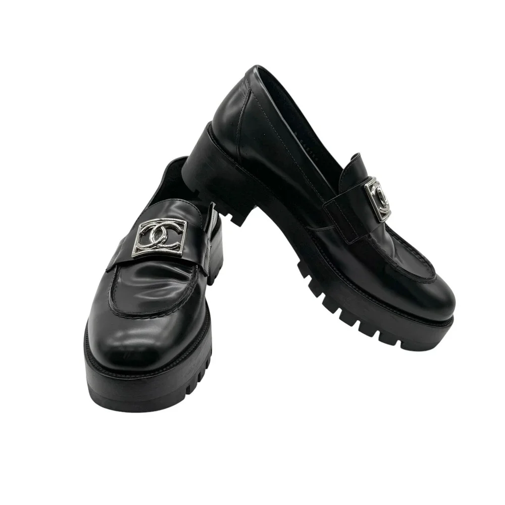 CHANEL Calfskin Metal CC Loafers Black Women's Size 38.5